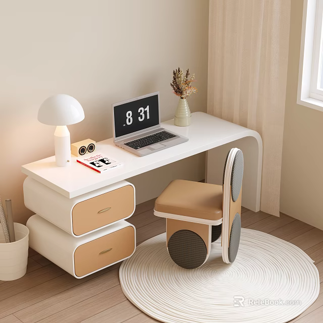 Modern White Desk With Laptop Table Lamp Dried Flowers Light Brown Drawers And Chair 3d model 