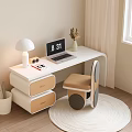 Modern White Desk With Laptop Table Lamp Dried Flowers Light Brown Drawers And Chair
