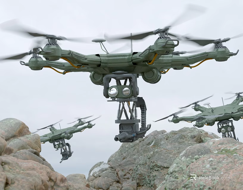 Multiple Intelligent Military Multi Rotor Drones Flying Over Rocky Terrain 3d model 