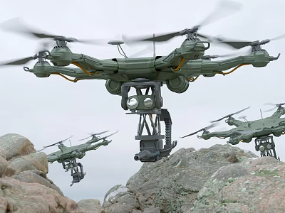 Multiple Intelligent Military Multi Rotor Drones Flying Over Rocky Terrain 3d model
