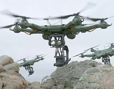 Multiple Intelligent Military Multi Rotor Drones Flying Over Rocky Terrain 3d model