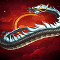 Mythical Flying Dragon With White Mane And Black Scales On Red Cloudy Background