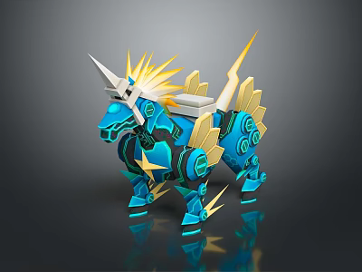 Game Movie Character Blue Mechanical Unicorn With Gold Accents Glowing Horn And Lightning Effects 3d model