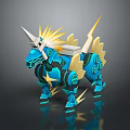 Game Movie Character Blue Mechanical Unicorn With Gold Accents Glowing Horn And Lightning Effects