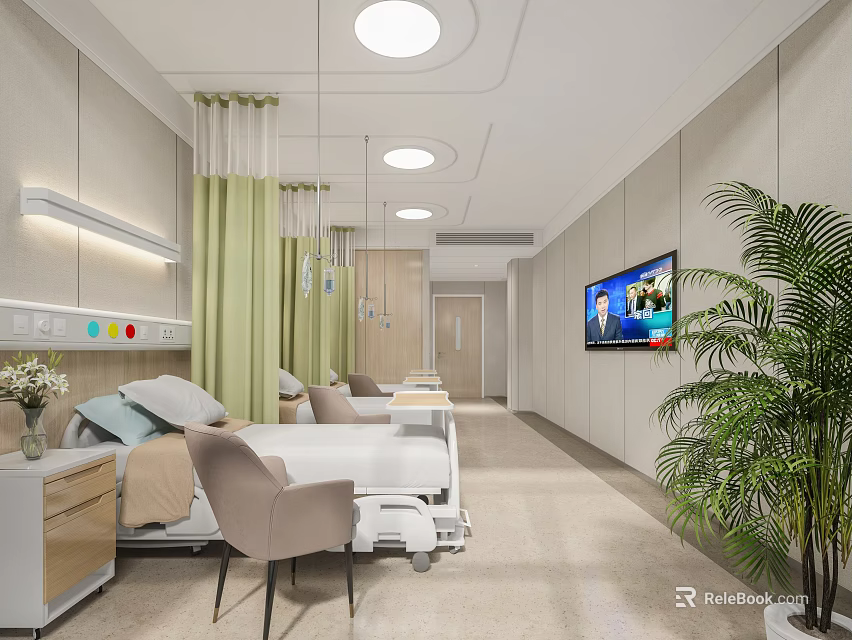 Modern Hospital Ward Interior With Bed Chair Green Curtains TV And Plant 3d model 