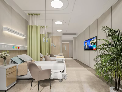 Modern Hospital Ward Interior With Bed Chair Green Curtains TV And Plant 3d model