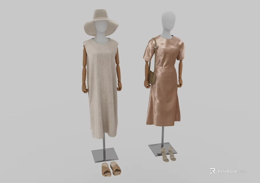 Fashion Mannequins Wearing Sleeveless Long Dress And Brown Short Sleeve Dress With Hat Bag And Sandals 3d model 