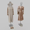 Fashion Mannequins Wearing Sleeveless Long Dress And Brown Short Sleeve Dress With Hat Bag And Sandals