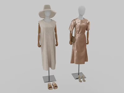 Fashion Mannequins Wearing Sleeveless Long Dress And Brown Short Sleeve Dress With Hat Bag And Sandals 3d model