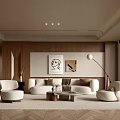 Modern Living Room Interior With Wooden Walls White Armchairs Sofa Floor Lamp Artworks And Rug
