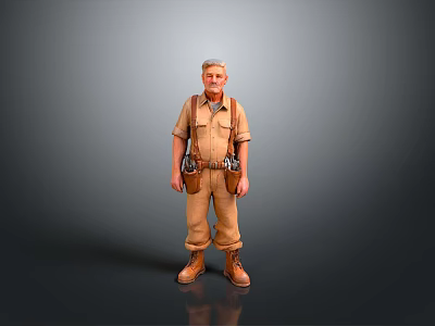 Man in Work Uniform With Suspenders Brown Boots and Tool Belt on Gray Gradient Background 3d model