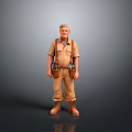 Man in Work Uniform With Suspenders Brown Boots and Tool Belt on Gray Gradient Background