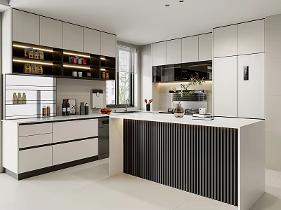 Modern Open Concept Kitchen Interior With White Cabinets Island And Appliances 3d model