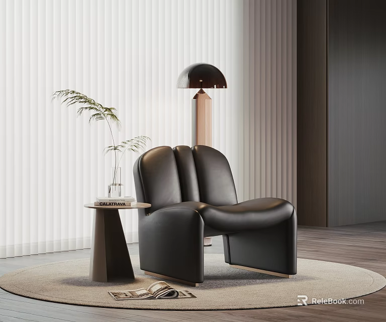 Modern Black Leather Leisure Chair With Side Table Green Plant Floor Lamp On Rug 3d model 