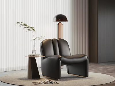 Modern Black Leather Leisure Chair With Side Table Green Plant Floor Lamp On Rug 3d model