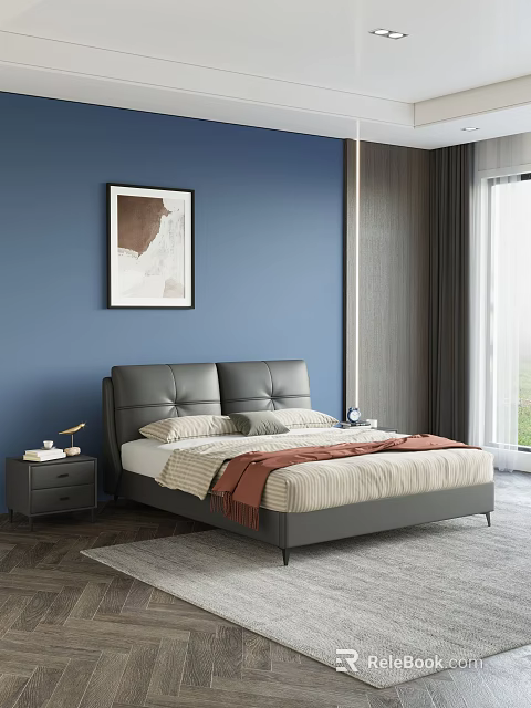 Modern Double Bed With Gray Leather Headboard Blue Wall And Nightstand Table Lamp 3d model