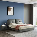 Modern Double Bed With Gray Leather Headboard Blue Wall And Nightstand Table Lamp 3d model