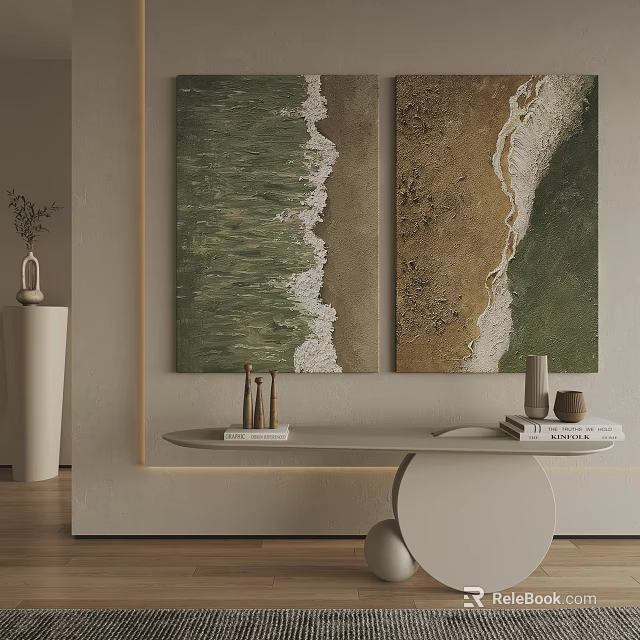 Modern Interior Decor With Two Abstract Paintings And Decorative Table Setup 3d model