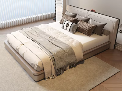 Modern Double Bed With Gray Headboard Decorative Pillows Fringed Blanket On Beige Rug Wooden Floor 3d model