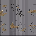 Chinese Style Golden Wall Decorations With Circular Frames Bird Mountain Branch And Cloud Patterns 3d model