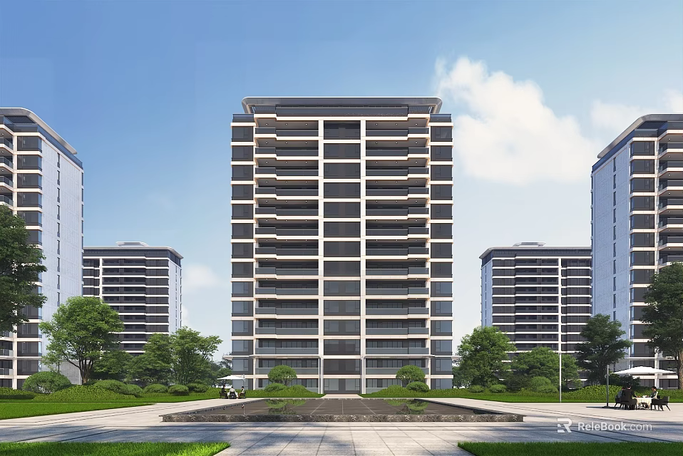 Modern High Rise Residential Building with Greenery Trees and Plaza Under Blue Sky 3d model 