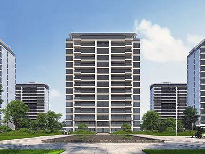 Modern High Rise Residential Building with Greenery Trees and Plaza Under Blue Sky 3d model