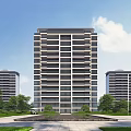 Modern High Rise Residential Building with Greenery Trees and Plaza Under Blue Sky