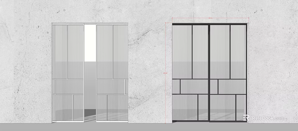 Modern Interior Partition Design Featuring Vertical Slats And Grid Pattern On Concrete Wall 3d model 