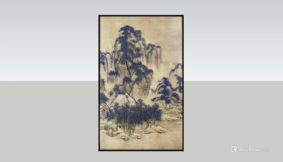 Traditional Chinese Landscape Wall Art With Blue Pine Trees And Mountain Rocks 3d model 