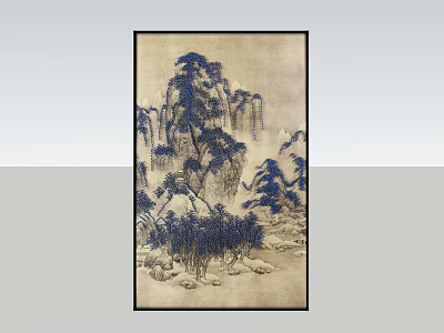 Traditional Chinese Landscape Wall Art With Blue Pine Trees And Mountain Rocks 3d model