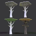 Colorful Layered Decorative Tree Structures With Umbrella Like Tops And Varied Trunks