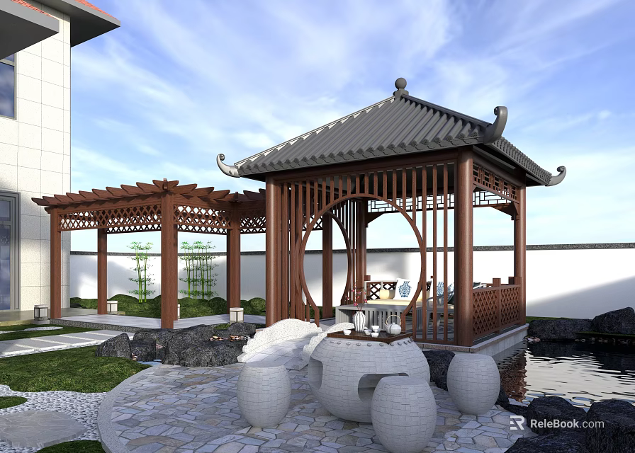 Traditional Chinese Courtyard With Wooden Pavilion Rockery Pond And Lush Green Plants 3d model 