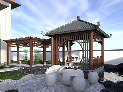 Traditional Chinese Courtyard With Wooden Pavilion Rockery Pond And Lush Green Plants 3d model