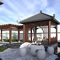 Traditional Chinese Courtyard With Wooden Pavilion Rockery Pond And Lush Green Plants