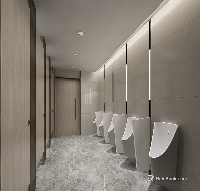 Modern Public Restroom Featuring Men's Urinals Wooden Partitions Marble Flooring And Lighting Design 3d model 