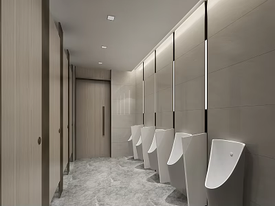 Modern Public Restroom Featuring Men's Urinals Wooden Partitions Marble Flooring And Lighting Design 3d model