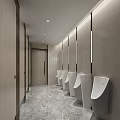Modern Public Restroom Featuring Men's Urinals Wooden Partitions Marble Flooring And Lighting Design