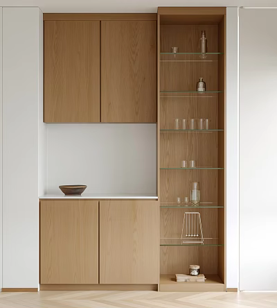 Modern Wooden Sideboard With Closed Cabinets Glass Shelves And White Countertop 3d model