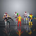Game and Movie Characters in Various Colorful Costumes with Dynamic Poses and Grey Background Reflections