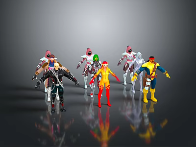 Game and Movie Characters in Various Colorful Costumes with Dynamic Poses and Grey Background Reflections 3d model