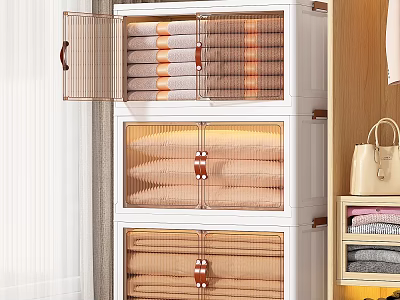 Neatly Organized Clothes In Multi Layer Storage Cabinet With Drawers And Handbag 3d model