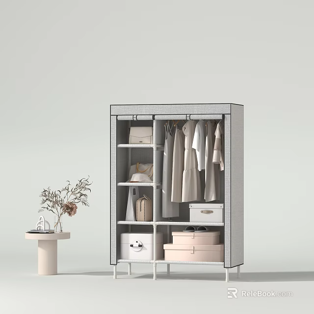 Modern Wardrobe Design With Hanging Clothes Drawers And Decorative Plant Side Table 3d model 