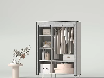 Modern Wardrobe Design With Hanging Clothes Drawers And Decorative Plant Side Table 3d model