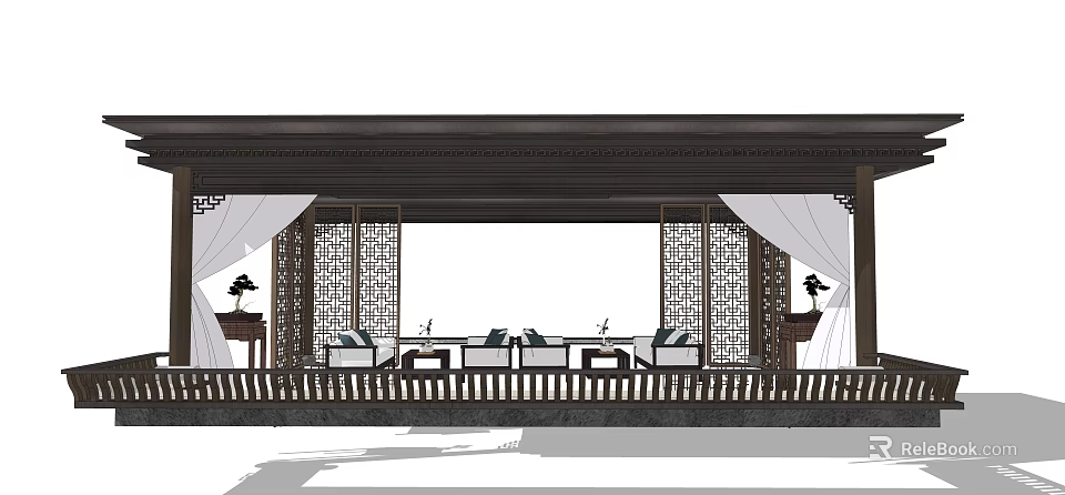 Chinese Traditional Pergola Design With Wooden Lattice Seats And Tea Tables 3d model 
