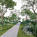 Lush Arbor Trees In Scenic Garden With Pathway And Greenery Plants