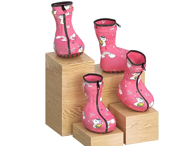 Pink Kids Rain Boots With Cartoon Patterns On Wooden Display Stands 3d model