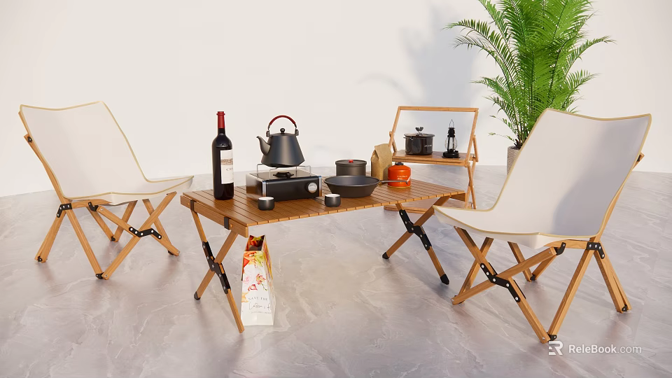 Outdoor Wooden Folding Table And Chairs Set With Teapot Wine Bottle And Green Plant 3d model 