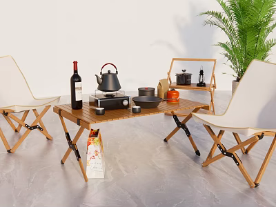 Outdoor Wooden Folding Table And Chairs Set With Teapot Wine Bottle And Green Plant 3d model