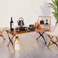 Outdoor Wooden Folding Table And Chairs Set With Teapot Wine Bottle And Green Plant
