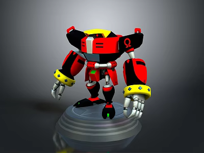 Red And Black Robot Character With Yellow Accents 3D Model Figurine On Transparent Base 3d model